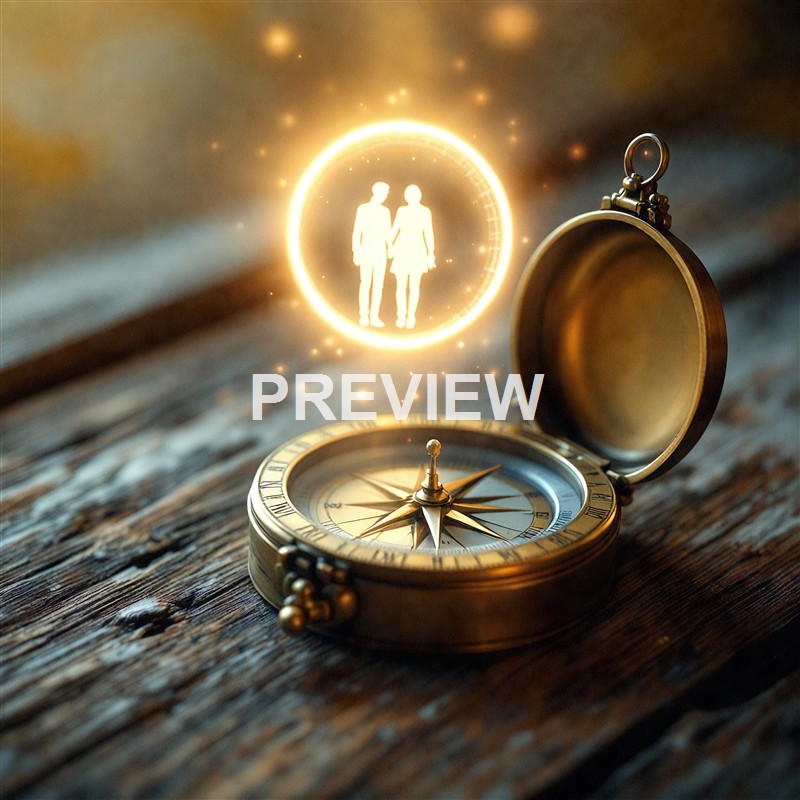 An antique pocket watch with its cover open, resting on a wooden surface, with a glowing digital hologram of a man and woman holding hands inside a circular frame floating above it.